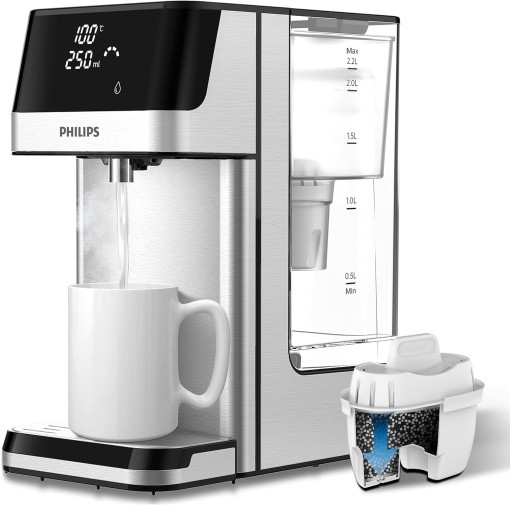 Dozator de apa calda filtrata Philips Station 6 presetari de temperatura Ecranul tactil reduce clorul, calcarul, metalele grele, microplasticele si PFOA Capacitate de 2,2 litri