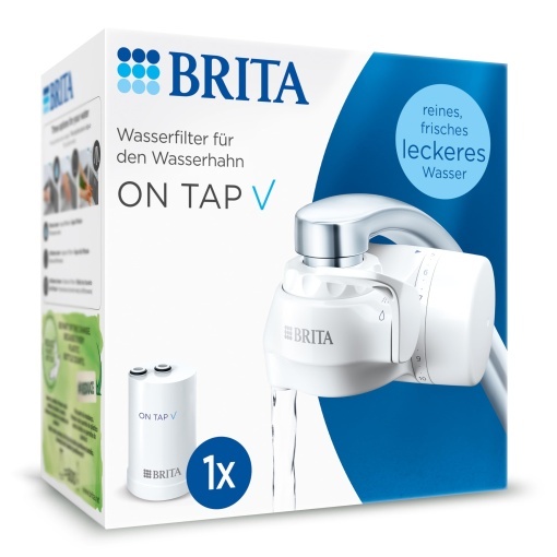 Filtru de apa BRITA pentru robinet ON TAP V incl. 1 cartus filtrant - pentru apa durabila cu gust mai bun / reduce particulele mici, metalele si substantele care afecteaza gustul