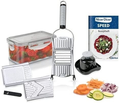 Genius Nicer Dicer Speed Set 9 bucati Multi Slicer - Feliator de legume Feliator de legume cu 3 insertii, suport pentru alimente de taiere si recipient de colectare 550ml | Razatoare de parmezan, razatoare julienne si feliator V, argintiu