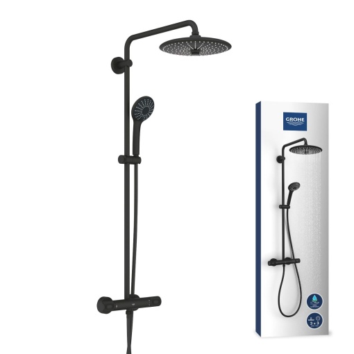 GROHE Vitalio Joy 260 - Sistem de dus cu termostat (cu economie de apa, 3 tipuri de pulverizare, reglabil pe inaltime, anti-oparire), negru fantoma, 26403KF2