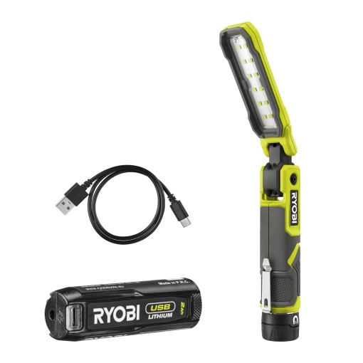 Lumina cu bara fara fir Ryobi 4 V USB-Lithium RLI4-120G, pliabila, 650 lumeni, incl. 1 baterie cu litiu de 4 V 2,0 Ah si incarcator