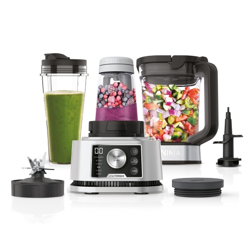 Ninja Foodi Power Nutri Blender Smoothie Maker 3-in-1, creme tartinabile groase si bauturi congelate, programe automate, ulcior de 2,1 litri, cana de 700 ml si bol de 400 ml cu agitator electric, 1200 W, argintiu CB350EU