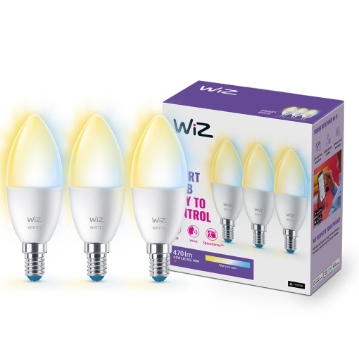 Pachet de 3 lampi LED WiZ Smart E14 - 40W, cu nuante albe, Wi-Fi/Bluetooth, control vocal/aplicatie, functioneaza cu Google Home, Alexa si HomeKit