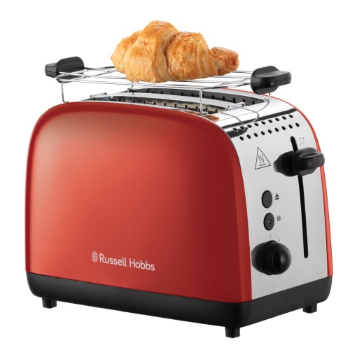 Prajitor de paine Russell Hobbs [pentru 2 felii] Culori Plus otel inoxidabil Rosu (fante de paine prajita foarte largi, inclusiv atasament pentru chifle, 6 niveluri de rumenire + functie de dezghetare, functie lift & look, 1600W) 26554-56