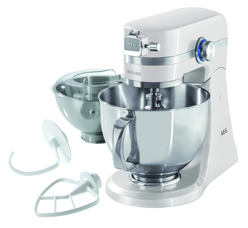 Robot de bucatarie AEG KM 4100 / Accesorii / 1,4 CP / 10 niveluri de viteza / Lumina LED / Agitator planetar / Carcasa complet metalica / Boluri de amestecare din otel inoxidabil de 4,8 L si 2,9 L cu protectie impotriva stropirii / Alb