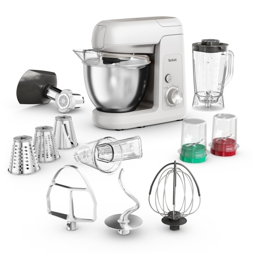 Robot de bucatarie Tefal Bake Partner, 1100 W, incl. accesoriu blender + kit de coacere, oprire automata la ridicarea bratului, sistem de agitare planetara, bol de 4,6 l, argintiu, QB525B38