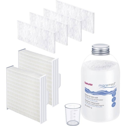 Set combinat Beurer maremed pentru a fi utilizat cu aparatul de aer conditionat marin MK 500, 1250g sare de mare speciala, 4x prefiltru, 2x bloc evaporator de apa, 1x cana de masurare