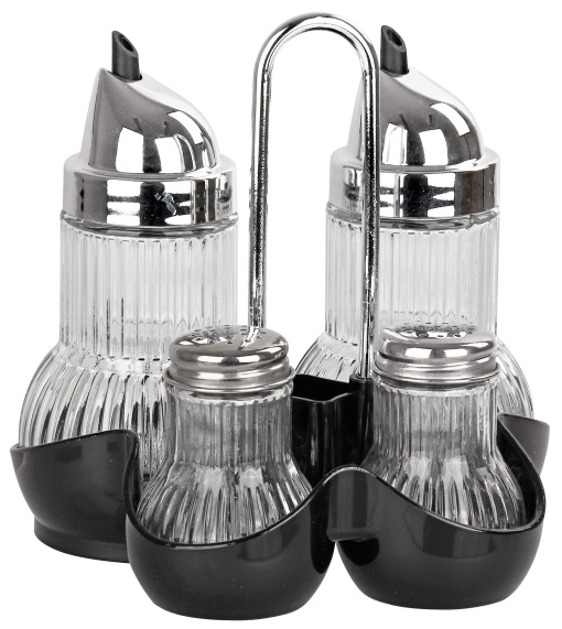 Set condimentar Fackelmann Rubin 5 piese sticla si inox suport cu design elegant