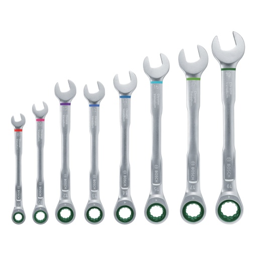 Set de chei combinate cu clichet Bosch, 8 bucati (confort maxim datorita combinatiei de cheie deschisa si cu clichet de inalta calitate si rezistenta la rugina; informatii despre dimensiune cu coduri de culoare)