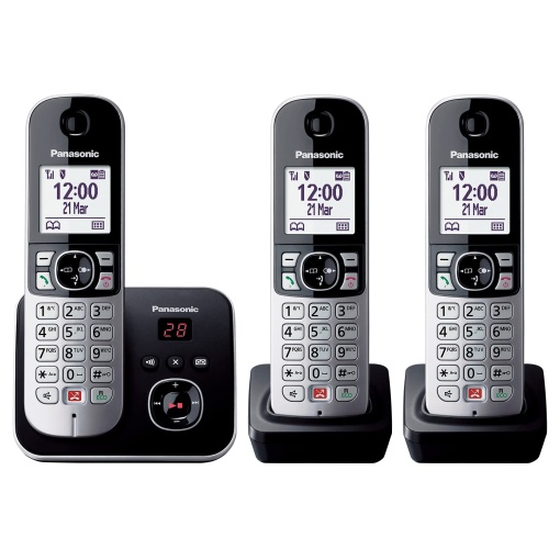 Telefon fara fir Panasonic KX-TG6863GB cu 3 receptori si robot telefonic (blocati pana la 1.000 de numere de telefon, dimensiune clara a fontului, receptor puternic, apelare hands-free full-duplex) negru-argintiu