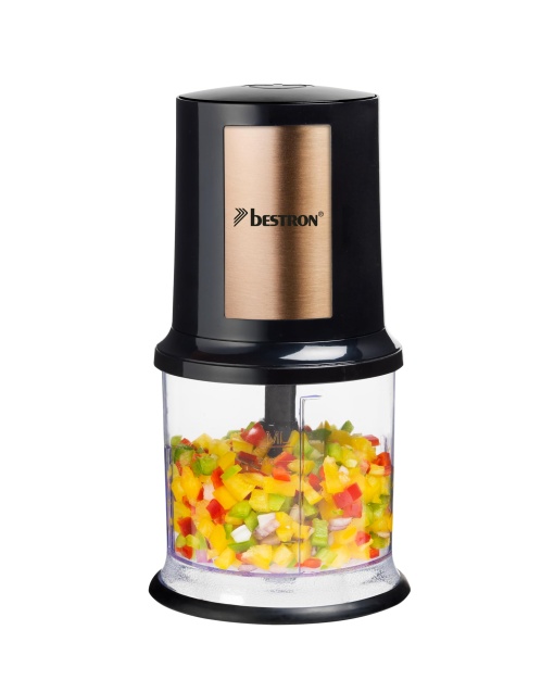 Tocator electric multiplu Bestron tocator universal cu doua lame de taiere si capacitate de 500 ml buton mare de puls 400 wati culoare cupru