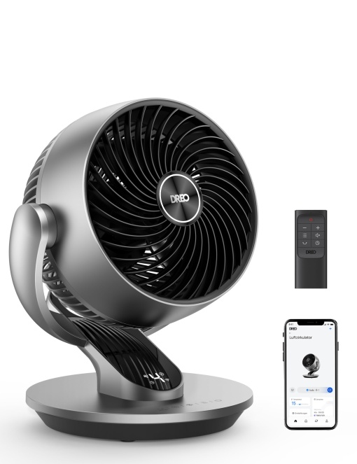 Ventilator de masa inteligent silentios Dreo 28dB pentru dormitor Birou, ventilator cu telecomanda Racire 21M Distanta vant 4 viteze Nivel 5 moduri Temporizator 12H 90deg Auto 120deg Oscilatie manuala, Lynx S