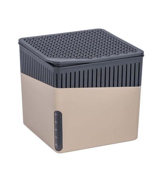 WENKO Dezumidificator de camera Mod. Cube, dezumidificator reduce mucegaiul si mirosurile, tava de scurgere cu bloc de granule de 1 kg reincarcabil, retine pana la 1,6 l de umiditate, 16,5 x 15,7 x 16,5 cm, bej