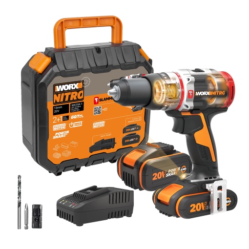 WORX WX354.1 Masina de gaurit combinata cu acumulator 20V, 60Nm, motor fara perii, mecanism de impact activ, 18+1+1 setari de cuplu, masina de gaurit pentru zidarie de 8 mm, incl. 1x baterie PowerShare de 2 Ah si 1 x 4 Ah, incarcator