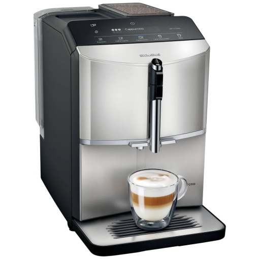 Aparat de cafea complet automat SIEMENS EQ300 TF303E07, pentru multe specialitati de cafea, spumant de lapte, rasnita ceramica, functie OneTouch, 1300 W, Inox argintiu metalic