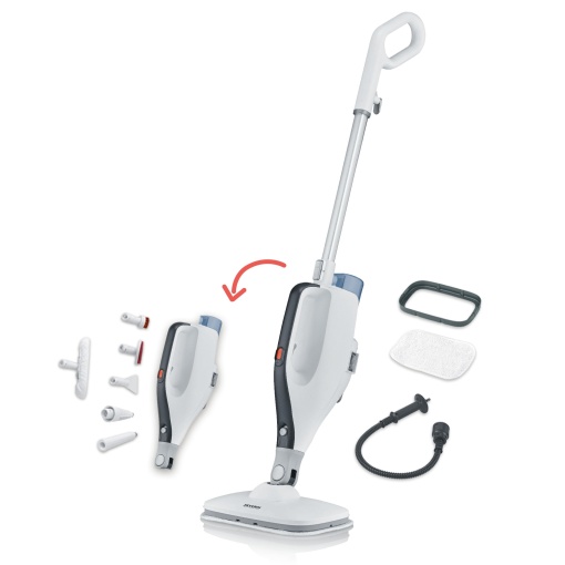 Aparatul de curatat cu abur 2 in 1 SEVERIN cu functie multifunctionala si accesorii combinate practice, pentru toate pardoselile dure si covoare, indeparteaza 99,9% bacterii, timp de incalzire de doar 15 secunde, cablu de 9m, alb/negru, SC 7145