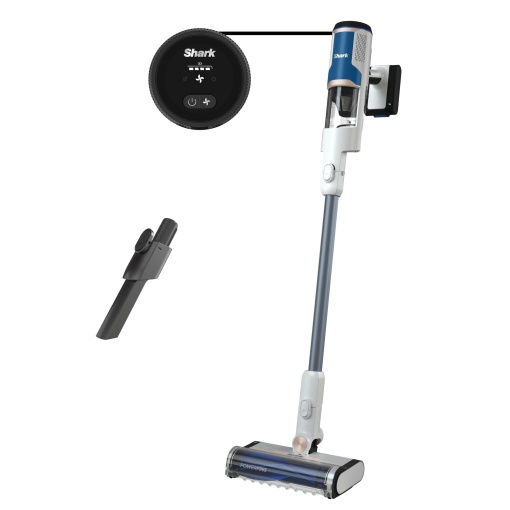 Aspirator fara fir Shark cu FloorDetect, invelis anti-par, PowerFins, durata de functionare de 40 de minute, afisaj LED, aspirator fara fir si mod aspirator portabil cu duza pentru crapaturi, alb si bleumarin BU1120EU