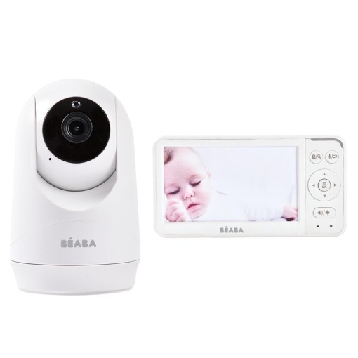 BEABA, Camera pentru monitor pentru bebelusi Zen Plus 2-360deg dehbar, ecran HD de 5 inch, vedere nocturna, walkie-talkie, termometru, 8 cantece de leagan, raza de actiune 300m, timp de functionare 20h, 4 camere conectabile, alb