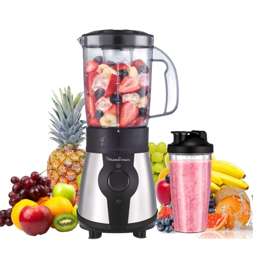 Blender Moulinex Blend&Go LM1B1D 300W, blender smoothie cu ulcior de plastic de 750 ml, inclusiv sticla portabila de 750 ml, 4 lame detasabile, suprafete din otel inoxidabil