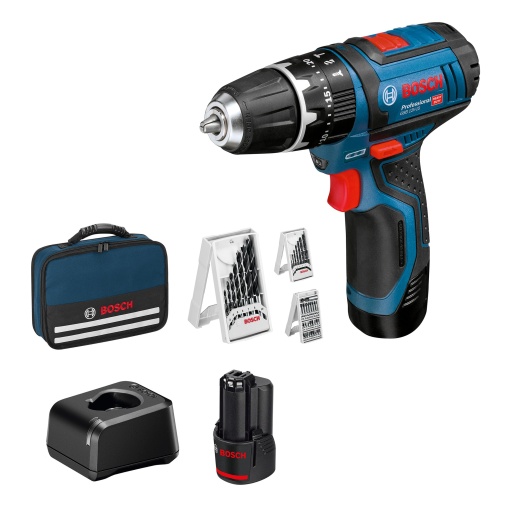 Burghiu combinat cu acumulator Bosch Professional 12V System GSB 12V-15 (Burghiu O lemn max: 19 mm, incl. 2x baterie de 2.0Ah + incarcator, 2x set de burghiu, 1x set de biti, geanta de scule) - Set exclusiv Amazon