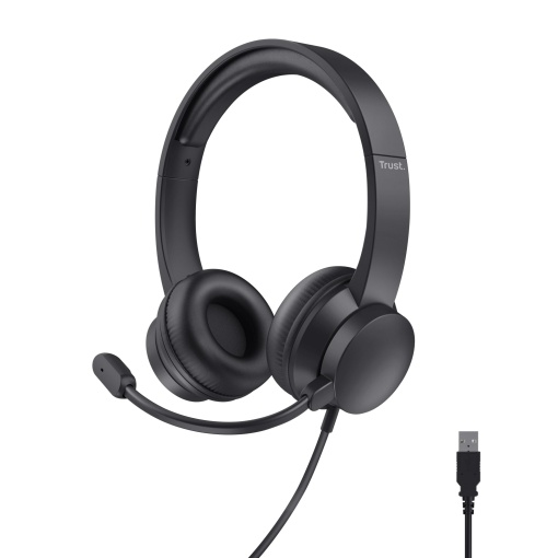 Casti USB Trust cu Microfon Design Usor On-Ear, Banda Reglabila, Casti Cu Fir 1.80m, Casti pentru PC Mac Chat Birou Skype Teams Video Conferinta Zoom - Negru