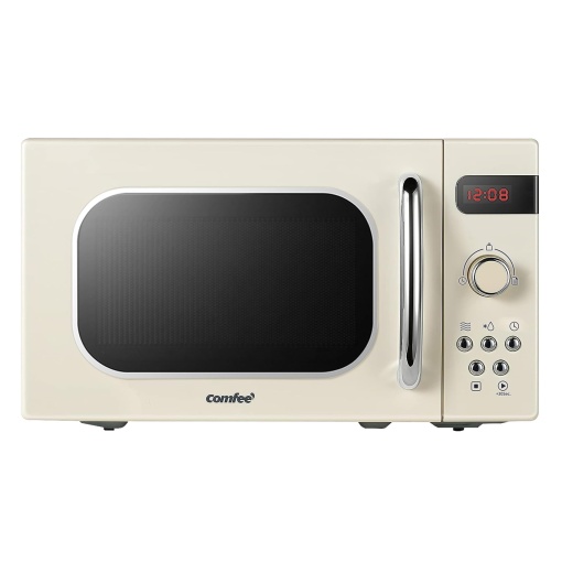 Comfee CMSRO 20 di cr Cuptor cu microunde in stil retro / Cuptor cu microunde retro cu 8 meniuri automate, 5 niveluri de putere de gatit, buton de gatit expres, buton de gatit expres, 20L, 800W, crema de caise