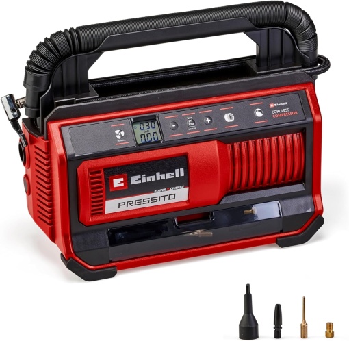 Compresor fara fir Einhell PRESSITO 18/25 Power X-Change (18 V, max. 11 bar, incl. 3 buc. Set adaptoare, inclusiv furtun de inalta presiune de 71 cm si furtun de joasa presiune de 1,6 m, fara baterie)