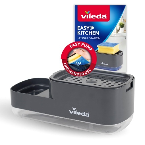 Dozator de sapun de vase cu pompa Vileda cu suport pentru burete - Solutie practica 2 in 1 pentru bucatarie - Dozator de sapun integrat pentru o distr