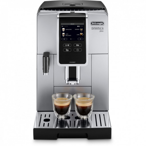 Espressor automat DeLonghi Dinamica Plus ECAM 370.85.SB, 1450W, 19bar, 1.8l, Spumare automată, Carafă LatteCrema, Râșniță inox, Boabe și Măcinată, Display tactil 3.5 inch, Coffee Link App, Silver Black