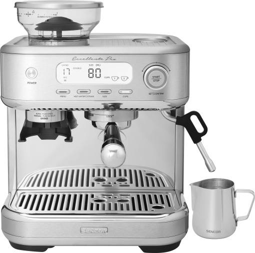 ESPRESSOR SENCOR, spumant de lapte, rasnita de boabe de cafea, ecran LCD, espressor, cappuccino, espresso cu rasnita Barista Express, Excellence Plus, rezervor mare de apa si cafea