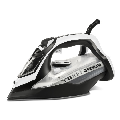 Fier de calcat cu abur G3 Ferrari G40024 "Eliseo 3000", 3000 W, 91 microgauri, 25 g/min cu explozie de abur de 140 g/min, functii de autocuratare, fara picurare si calcar, 450 cc, alb/negru