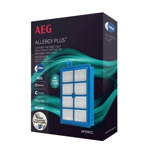 Filtru AEG AFS1W Allergy Plus (Ideal pentru persoanele alergice, efect de filtrare mai mare de 99%, aer curat, lavabil, usor de instalat, potrivit pentru peste 80 de serii de aspiratoare, universal, potrivire perfecta) albastru/alb