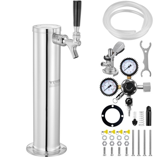 Kit turn Kegerator VEVOR, kit de conversie a berii cu un singur robinet, sistem de robinet turn de bere din otel inoxidabil cu regulator W21.8 cu ecartament dublu si cuplaj de butoi cu sistem A, tava de scurgere a berii pentru petreceri acasa