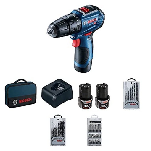 Masina de gaurit combinata cu acumulator Bosch Professional 12V System GSB 12V-30 (incl. baterie 2x2,0 Ah, incarcator GAL 1240 CV, 7 buc. Set de burghie pentru lemn, 7 buc. Set de burghie metalice, 25 buc. Set de biti, cutie de scule)