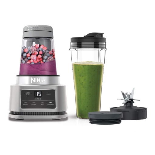 Ninja Foodi Power Nutri Blender 2-in-1, Smoothie Bowls Maker, Amestec gros de tartinabile si bauturi congelate, Programe automate, ceasca de 700 ml si bol de 400 ml cu agitator electric, 1100 W, argintiu CB100EU