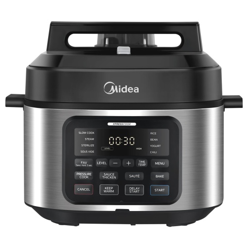 Oala sub presiune Midea, 9 in 1, multicooker cu 12 functii, oala sub presiune de 6 l, aragaz de orez, abur, aparat de iaurt, aragaz lent si sous vide, tigaie, carte de retete, otel inoxidabil