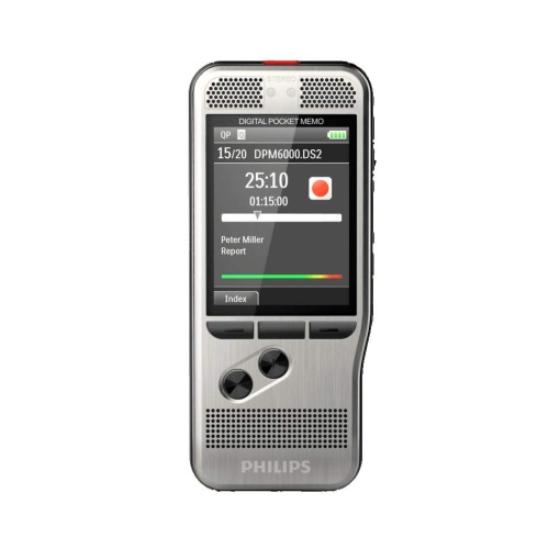 Philips Pocket Memo Inregistrator de voce digital DPM7000 functionare cu comutator glisan, 2 microfoane pentru inregistrari de sunet stereo, afisaj color, carcasa din otel inoxidabil, inclusiv software de dictare SpeechExec Basic Abonament de 2 ani
