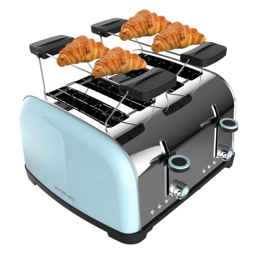 Prajitor de paine vertical Cecotec Toastin' time 1700 Double Blue, 1700W, Fanta dubla scurta si lata 3,8 cm, Bare superioare, Otel inoxidabil, Functie de oprire automata si pop-up, Tava pentru firimituri