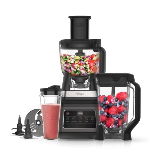 Robot de bucatarie si blender Ninja 3-in-1 cu 5 programe: Mix, Max Mix, Chop, Mix, Puree, Bol de 1.8L, Ulcior de 2.1L, Cana de 700 ml, 1200W, Poate fi spalat in masina de spalat vase, Auto-iQ, Black BN800EU