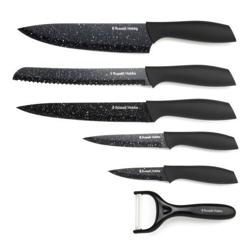 Set de cutite si curatator legume Russell Hobbs 6 piese lame antiaderente manere ergonomice Negru
