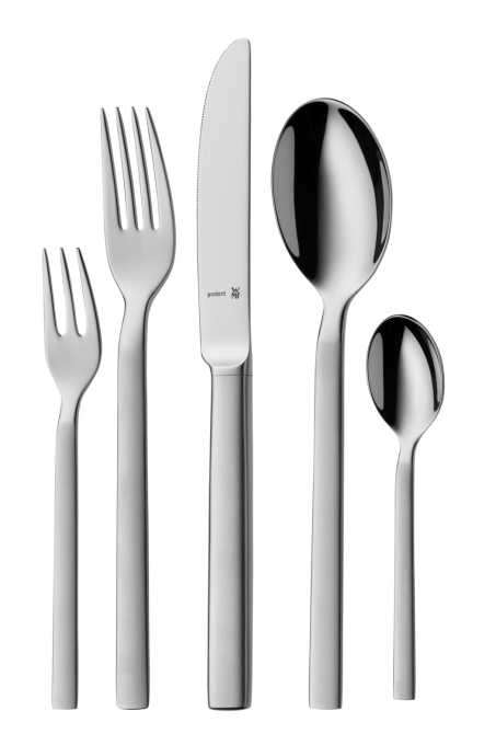 Set de tacamuri din otel inoxidabil WMF Lyric Plus 6 persoane, set de tacamuri 30 de bucati, cutit cu maner gol, Cromargan protect partial mat, rezistent la zgarieturi, poate fi spalat in masina de spalat vase