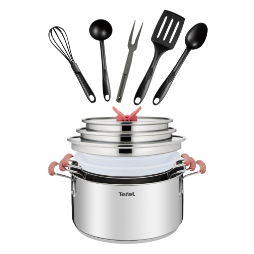 Set de vase Tefal OptiSpace G720SD 13 piese Inox Premium Inductie Design compact si stivuibil