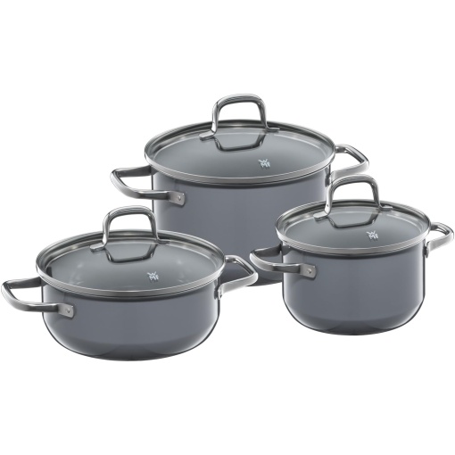 Set de vase WMF Fusiontec Essential Induction 3 piese, Set cratita cu capac din sticla, Set de oale cu inductie, ceramica de inalta tehnologie, rezistenta la zgarieturi, neacoperita, potrivita pentru toate tipurile de sobe, Fabricat in Germania, gri