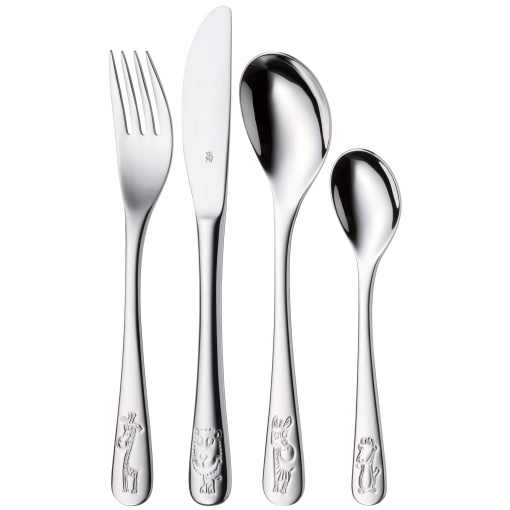 Set tacamuri pentru copii WMF Safari 4 piese, tacamuri din otel inoxidabil pentru copii, tacamuri pentru copii de la 3 ani, Cromargan lustruit, se poate spala in masina de spalat vase, Safari pentru copii, fara gravura