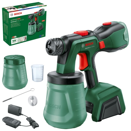 Sistem de pulverizare a vopselei fara fir Bosch AdvancedSpray 18V-500 (pentru vopsele, glazuri si lacuri cu emulsie/latex; 3 m2/min; 2 pahare de 1200 ml; baterie de 4 Ah si incarcator)