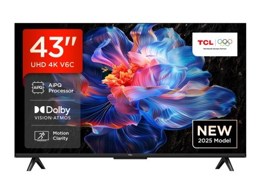 Televizor inteligent TCL 43V6C 4K UHD de 43 inchi - HDR10+, panou HVA, Dolby Vision, Google TV, HDMI 2.1, DVB-T2/C/S2, Bluetooth 5.2, control vocal cu Alexa si Google Assistant