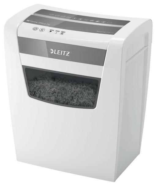Tocator Leitz IQ Home Office, capacitate 12-10 coli (70-80 g/m2), taiere a particulelor, nivel de securitate P4, numarul 1 pe piata, cos de gunoi 23L, tocator, alb, 80090000