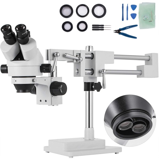 VEVOR 3.5X-90X Microscop stereo cu zoom trinocular focal simultan Al-Zn Alloy Microscop stereo trinocular rotativ la 360 de grade Trepied cu brat dublu Microscop video de laborator Accesorii pentru suport reglabil pe inaltime doua