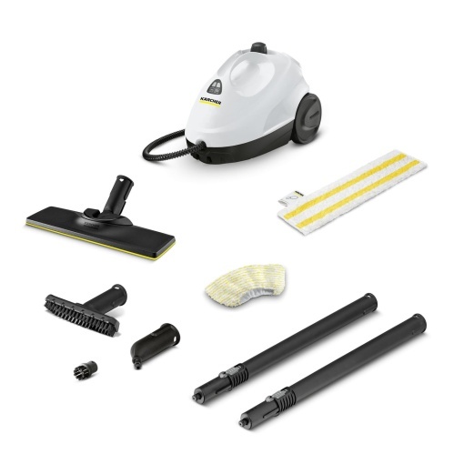 Aparat de curatat cu abur Karcher SC 2 EasyFix, presiune abur: 3,2 bari, timp de incalzire: 6,5 min., putere: 1.500 W, suprafata: 75 m2, rezervor: 1 l, cu set de curatare a pardoselilor EasyFix, duze si capac din microfibra, alb