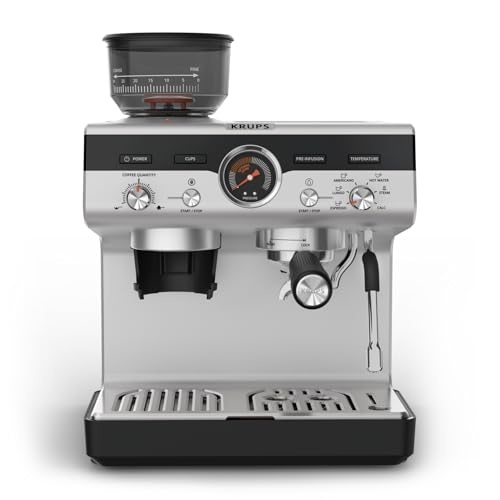 Aparat de portafiltru manual Krups Precision cu rasnita, aparat de cafea barista cu interfata de control intuitiva, setari de pre-infuzie, espressor cu bagheta de abur, incalzire rapida, XP801T10